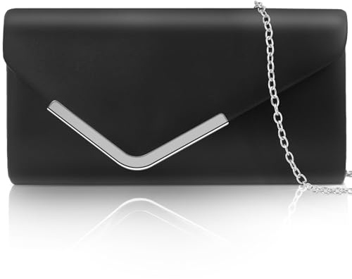 Larcenciel Bolso Mujer Negro, Elegante Bolso de Mano de Cuero con Cadena Desmontable, Vintage Clutch de Noche Sobre, Moda Crossbody Bandolera, Carteras de Mano para Boda, Fiesta, Ceremonia, 22x11x5CM