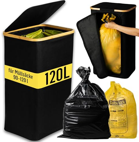 Deco haus® Soporte Para Saco de Basura con Tapa [90-120L] - Cubo de Basura para Bolsas Amarillas - Sistema de Recogida de residuos para Cocina y hogar - Cremallera - Negro