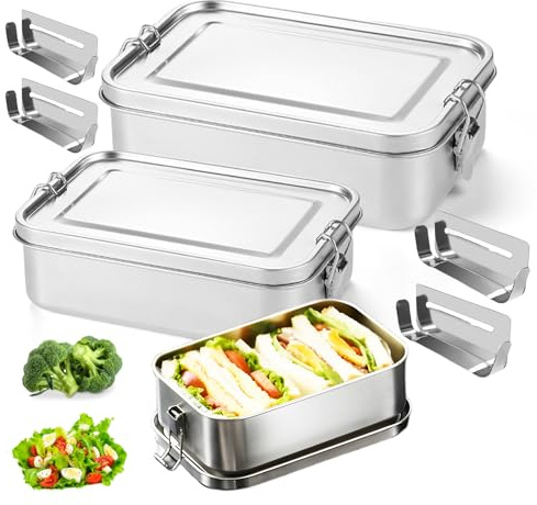 Brotdose Edelstahl, 2 Stück 850ml 1400ml Edelstahl Brotdose mit 4 Fächern, Lunchbox Edelstahl, Lunchbox Auslaufsicher, Edelstahl Bento Box, Bento-Boxen für Suppe, Salat, Brot und Restmahlzeiten