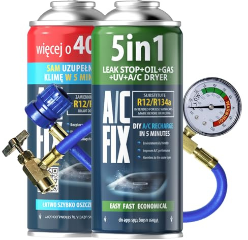 AC Fix 5 en 1 – R134a + R134a XL + Manguera, 470 g Refrigerante para Aire Acondicionado de Coche con Aceite, sellador, Tinte UV y desecante. Aplicación rápida. Protege el compresor.