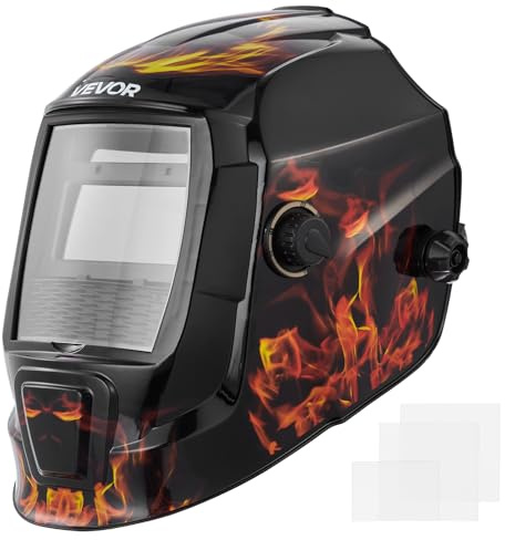 VEVOR Casco de Soldadura con Oscurecimiento Automático Solar, con 2 Sensores de Arco, de Tono DIN 4/9-13, para Soldadura TIG, MIG y Arco, Amolado, Patrón de Llama Amarillo, 350 x 260 x 220 mm