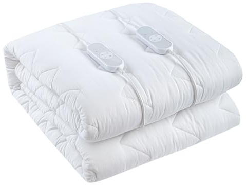 Scaldaletto Elettrico Matrimoniale 203 x 165 Cm Cotone e Poliestere Impermeabile 3 Livelli di Temperatura 2 Controller Indipendenti Spegnimento Automatico Anti Surriscaldamento Fascia Elastica Bianco