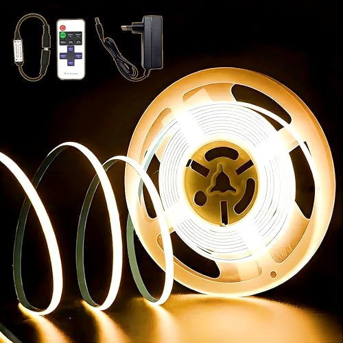 Kimuwote Ruban LED COB 2M, 24V Flexible Bande LED Blanc Chaud 3000K, Led Chambre Dimmable, CRI92, Largeur 8mm, avec Alimentation et RF Télécommande, Pour la Décoration,Maison, Cuisine, Miroir