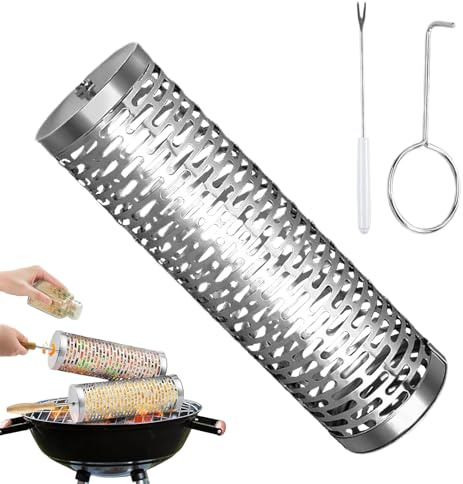 Generisch Grill Basket | Stainless Steel Kitchen Gadget with Detachable Handle | Rolling Grill Basket for Vegetables for Men, Dad, Father | Outdoor Cooking, Camping, BBQ