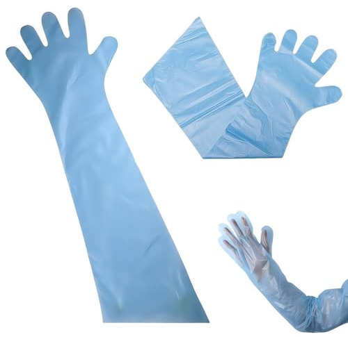 Oyiclyea 150 Pieces Disposable Long Arm Gloves Plastic Bule, Artificial Insemination Gloves, Long Sleeve Vet Glove, for Veterinary Arm Protection And Cleaning, for Livestock and Life