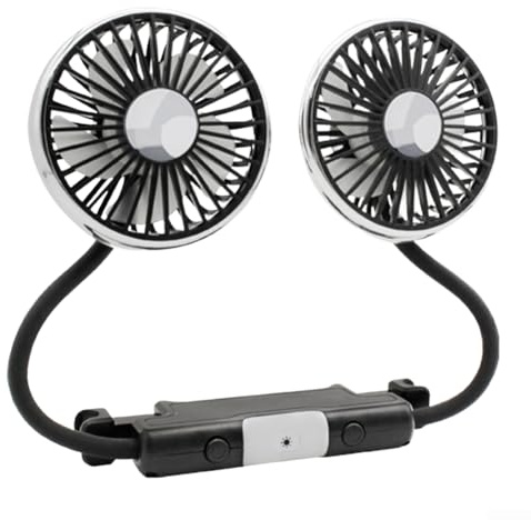 Ventilatore per auto a doppia testa, 3 velocità, alimentato tramite USB, rotazione di 360 gradi, per raffreddamento ad aria del sedile posteriore, 12 V, ricaricabile con luce