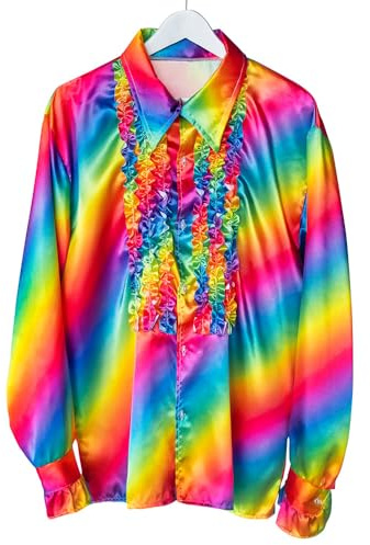 Boland - Chemise disco à volants, pour homme, couleurs arc-en-ciel, costume, chemise de soirée, Schlager move, 70s, soirée à thème, carnaval