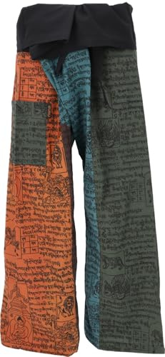 Guru-Shop, Pantaloni da Pescatore Thailandese in Cotone Resistente, Pantaloni Patchwork, Pantaloni da Yoga, Taglia Unica, Arancione/colorato, Dimensione Indumenti:One Size