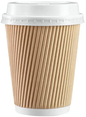 We Can Source It Ltd 100 x 12oz Ripple Brown Kraft Paper Cups - 3-PLY Disposable Insulated Coffee Cups with Secure White SIP Through Lids - Leak-Proof Durable Paper Cup for Tea, Coffee & Hot Beverages