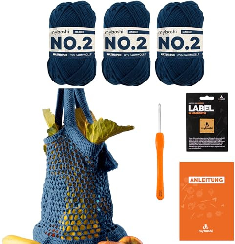 myboshi Häkelset Einkaufstasche noplasticbag, inkl. No.2 Wolle, Nadel und Anleitung, Häkelpaket, 85% Baumwolle, 15% Kapok Blau, mit Häkelnadel