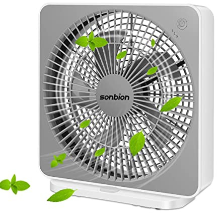 SONBION Small Box Fan, 10 inch Window Fan with 3 Speeds Strong Airflow, DC Adapter Square Table Fan for Office Bedroom Living Room Apartment, Quiet and Lightweight, 5ft Power Cord