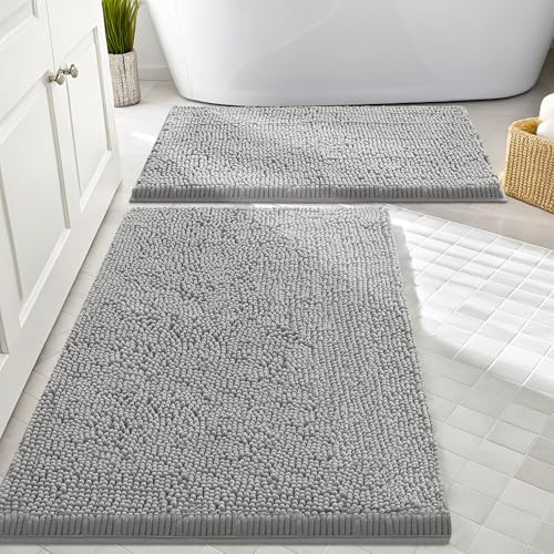 smiry Badezimmerteppiche und -matten-Set, 2-teilig, Chenille-Badematten-Set, maschinenwaschbar, trocken, rutschfest, saugfähig, Dusche und Badewanne (50.8 x 81.3 cm + 43.2 x 61 cm, hellgrau)
