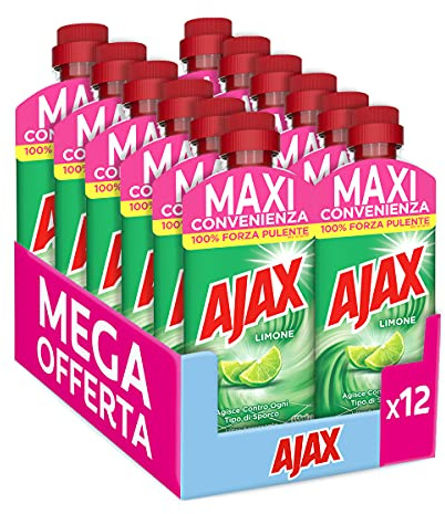 Ajax Detergente para suelos de limón ultra desengrasante, fórmula más eficaz, actúa contra todo tipo de suciedad, higiene y limpieza brillante, 100% eficaz contra la suciedad, 12 x 650 ml