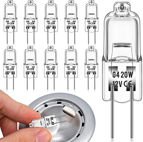 DORESshop 10 Packs G4 Base Halogen Light Bulbs, 2 Pin 12V 20W T3 Bi-Pin Long Lifetime Dimmable 3000K for Under Cabinet Puck Light, Chandeliers