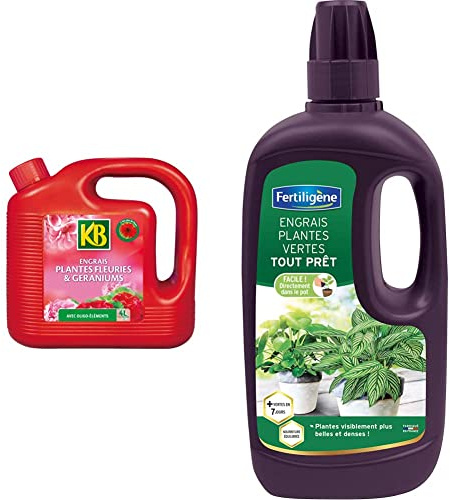 KB Engrais Geraniums et Plantes Fleuries Liquide 4L & Fertiligène Engrais Plantes Vertes Tout Prêt, 1L