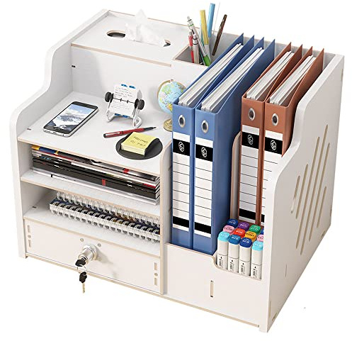 Aktualisierter Schreibtisch-Organizer aus Holz mit Schublade, großes Fassungsvermögen, Schreibtisch-Organizer, A4-Papier-Dokumentensortierer, DIY-Bürobedarf, Aufbewahrungsbox für Zuhause(JB07-2 Weiß) | Großes Fassungsvermögen, Aufbewahrungs-Halter, DIY-Bürobedarf, Aufbewahrungsbox für A4-Papiere, Dokumente und Notizbuch