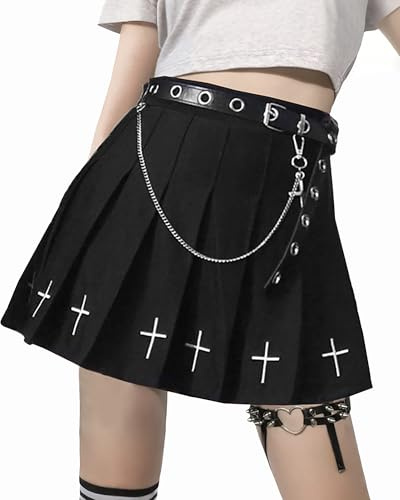 XKBHYD Punk Kreuz Druck Mini Röcke Damen mit Kette Gürtel Faltenrock Uniform Gothic Femboy Skirt