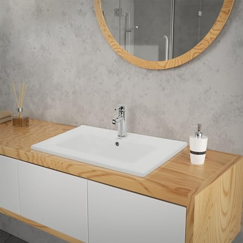 ECD Germany Vasque à Encastrer Lavabo Encastré - 610x465x175 mm - en Céramique - avec Trop-Plein et Trou de Robinet - Raccord Vidange Connexion DIN - Bassin Encastrable - Lave-Main Salle de Bain
