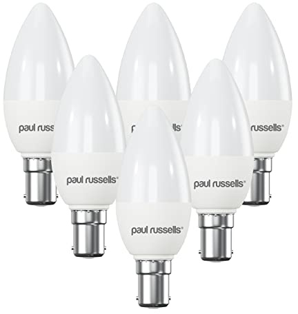 Paul russells LED Candle – Small Bayonet Fitting Dimmable Light, 5.5W B15 C37 LED Bulbs, 40w Equivalent, 4000K Cool White/Natural White, Dimmer SBC Energy Saving Ceiling Lightsbulbs, Pack of 6