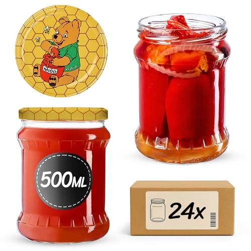 KADAX Bocaux de 500 ml, Pots en Verre avec Couvercle Hermétique de 82mm pour la Conservation des Aliments, Idéals pour Confitures et Miel (Winnie l'Ourson, Lot de 24)