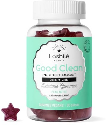 Lashilé Beauty Good Clean Peau Nette AntiImperfections 52% de Sébum | Complément alimentaire peau - Gummies bardane, ortie et zinc - Peau mixte à grasse, retrouver confiance - 60 gummies