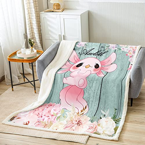 Loussiesd Cute Axolotl Decke 150x200cm Rosa Salamunder Kuscheldecke für Kinder Cartoon Ozean Sealife Wohndecke Holz Plank Zimmer Dekor Flanell Fleecedecke für Couch Sofa Bett Auto Decke