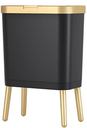 JINYCOME Kleine Küche Mülleimer, 15 Liters Schlanke Badezimmer Mülleimer mit Deckel Abfallkorb für Schlafzimmer Büro WC Wohnzimmer (schwarz mit Gold)