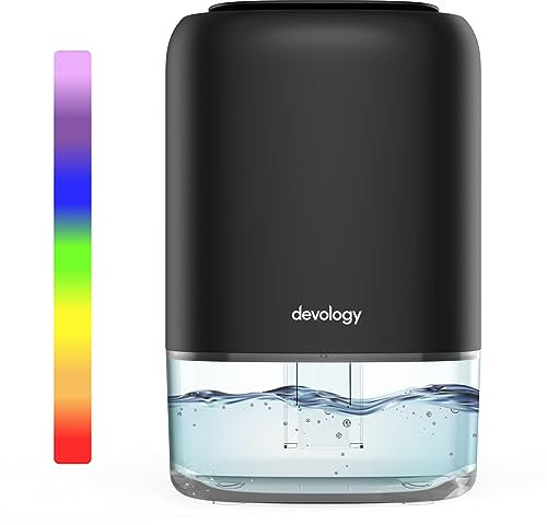 Devology Portable Compact 1100ml Mini Dehumidifier - Electric Energy Efficient - Mould, Mildew, Damp & Condensation Remover for Home, Office, Garage - Super Quiet <30dB 7 LED Mood Lighting Colours