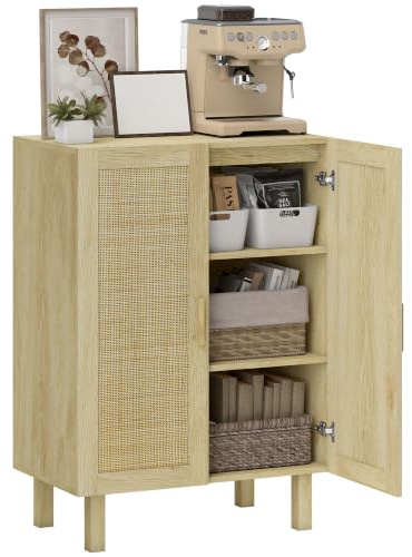 HOMCOM Aparador con 2 Puertas de Rejilla de Ratán 73x41x102 cm Natural | Aparador para Salón Nórdico, Estantes Ajustables, para Comedor, Entrada, Dormitorio