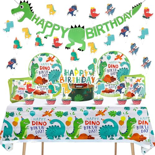 57 Dino Geburtstag Deko Dino Deko Kindergeburtstag Pappteller Geburtstag | Inklusive Banner, Tortendekoration,7-Zoll-Teller Serviette,Tischtuch (180cm x 108cm),Platz für 10 Gäste