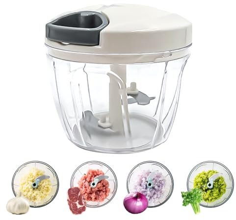 Home Goods Picadora Manual, Mini Picadora de Verduras Manual,Triturador de Tomates, Picadora Manual con Cuerda, Batidora Manual para Cortar Cebolla,Ajos,Zanahorias 420ml (Blanco 650ml)