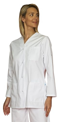 Blouse médicale Femme Manche réglable Longue Tunique de Travail Professionnel en Polyester Coton uni Fentes côtés (FR/ES, Alpha/Lettres, M, Taille Normale, Taille Normale, Blanc)