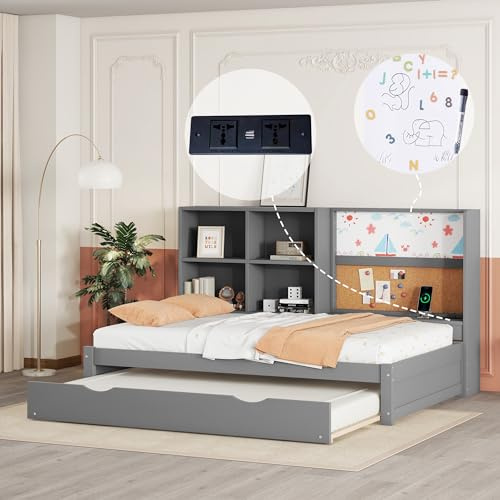 KecDuey 90 x 200cm Einzelbett,Plattformbett Schlafsofa mit ausziehbarem Bett, Holzbett mit USB-Ladeanschluss, Zeichenbrett, mehrere Staufächer (Grau)