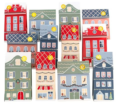 Papierdrachen Weihnachtsstadt Adventskalender 2025 pastell - Faltschachtel - Häuschen - Advent Weihnachtsdekoration -zum selbst Basteln und Befüllen - für Erwachsene und Kinder - Set 01