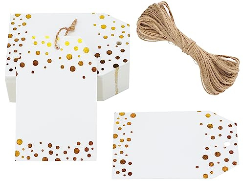 G2PLUS Etiquetas de Regalo,Etiquetas de Papel Kraft con Puntos de Lámina de oro,50PCS 8.5x5.5cm Etiquetas con cuerda, etiquetas de cartón para Boda Navidad Cumpleaños