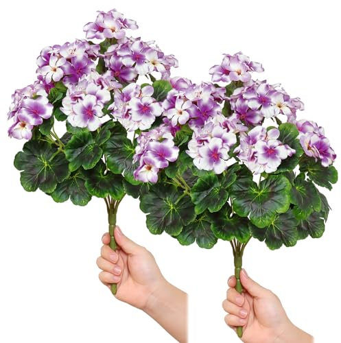 MEIVINES Fiori finti, gerani artificiali, per esterni, fiori di plastica per casa, giardino, matrimoni, interni ed esterni, decorazione primaverile (viola, 2 pezzi)