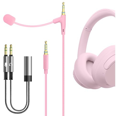 GEEKRIA NOVA Boom Mic Headphones Cable Compatible with Sony, Skullcandy, Beats, JBL, 3.5mm Jack Replacement Cord for Gaming & Meeting (5.6ft / Pink)