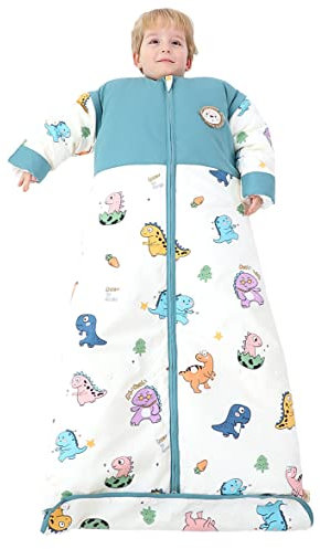 Chilsuessy Winter 2.5 Tog Kinder Schlafsack mit abnehmbaren Ärmeln Baby Schlafsack Bio Baumwolle Ganzjahres Schlafsack für Jungen und Mädchen Warm, 2.5 Tog/Dinosaurier Paradies, XL (130-150 cm)