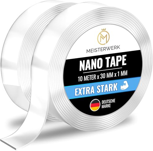 MEISTERWERK - Doppelseitiges Nano-Klebeband [EXTRA STARK] - Klebstofffrei & Spurlos dank Gecko-Effekt I Rutschfest - Waschbar & Wiederverwendbar