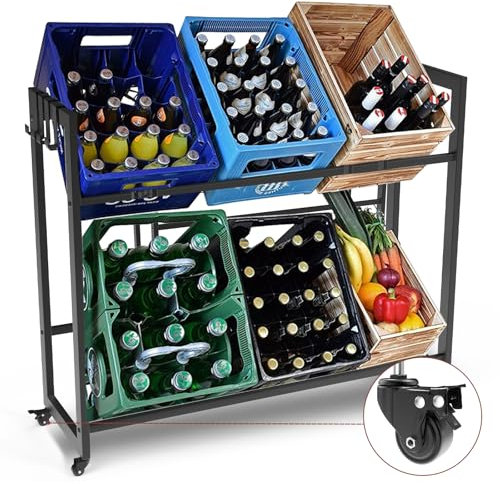 ITEFDTUTNE Getränkekistenregal 6 Kisten, 2025 Schwarz aus Metall Freistehend & extrem Standfest höhenverstellbar Videoanleitung, 6 pack Halter & 4 Haken Getränkeregal - Kistenregal