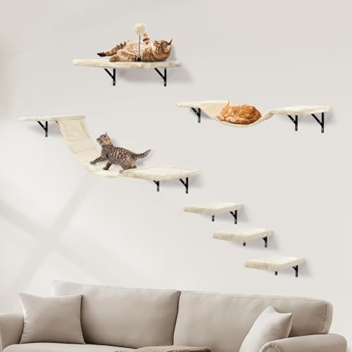 Katzen kletterwand XXL Set mit Katzentreppe Wand, Katzenbaum Hängematte,Katzenbrücke,Kratzbrett und Kratzbaum,Katzenwandmöbel Set - 5 Teiliges Wandelemente für Katzen Catwalk (Beige)