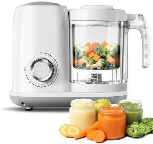 AMZBABYCHEF Babynahrungsmaschine | Babynahrungsmaschine | 4-in-1 Babynahrung Püree-Mixer Dampfgarer Mahlmaschine automatisches Kochen & Mahlen mit Knopfsteuerung, BPA-frei