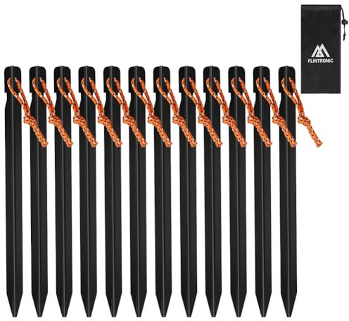 flintronic Zeltheringe, Heavy-Duty 18cm Zelt Heringe, 12PCS Metall Zelthaken Aluminium Heringe mit Reflektierende Seil, Ideal für Garten, Camping, Angeln und Zelten (Schwarz)