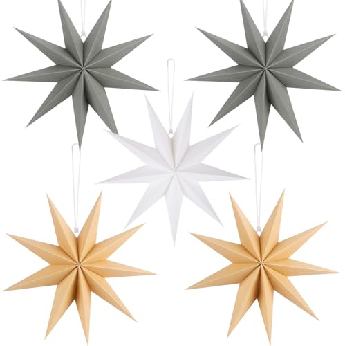 BestoFun 5 Stück Papiersterne Weihnachten Braun 30cm Grau 9 Zacken Papiersterne Faltsterne Aufhängen Weiß Weihnachten Dekoration für Tischdeko Weihnachten Zimmer Hochzeit