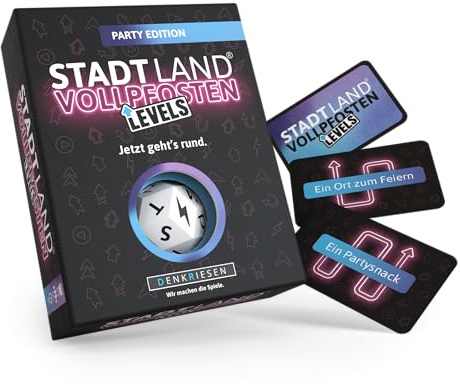 DENKRIESEN - Stadt Land Vollpfosten® Levels – Party Edition | 60 Karten inkl. Blitzwürfel | ab 8 Jahren 2-6 Spieler | ca. 30-60 min | Familienspiel & Gesellschaftsspiel | Stadt Land Fluss Partyspiel