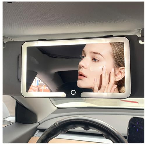 DSXVJHD Car Vanity Mirror with LED Light, Sun Visor Makeup Mirror with 3 Dimmable Modes, Touch Control, Rechargeable, Portable Travel Car Interior Sun Visor Mount