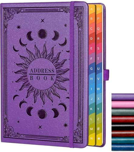 Adressbuch mit farbigen alphabetischen Registerkarten (21,3 x 14,5 cm) – Hardcover-Kontaktorganizer für Website-Passwörter, Telefon, Softwarelizenzen und wichtige Informationen – Lila