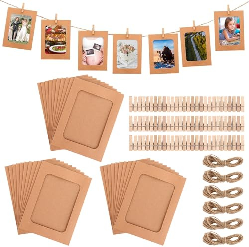 GBACHOOSE 60 Stück Fotorahmen aus Pappe Braun, Fotos Aufhängen 10 x 15 cm, Fotogirlande Bilderrahmen Papier, Hängealbum, Seil und Clips, Rahmen für Zuhause, Schule oder Partydekoration