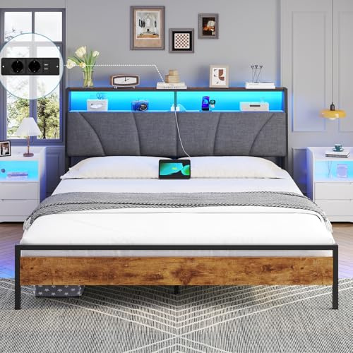 Brinlawb Bett 180x200 cm mit LED Beleuchtung und Ladestation (2 AC-Steckdosen, USB-A, USB-C) Doppelbett 180x200 mit gepolstertem Kopfteil und 2 offenen Regalen, Bettgestell 180x200cm, Metallbett, Grau