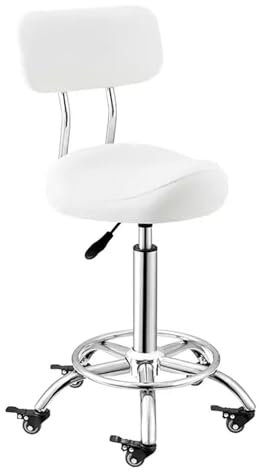 HDDNMLOH Drehstuhl Sattelhocker Küchensattelstuhl mit Fußstütze und Rückenlehne, ergonomischer Bürostuhl Sattelsalonstuhl für die klinische Zahnarztpraxis, 50-70 cm (weiß)